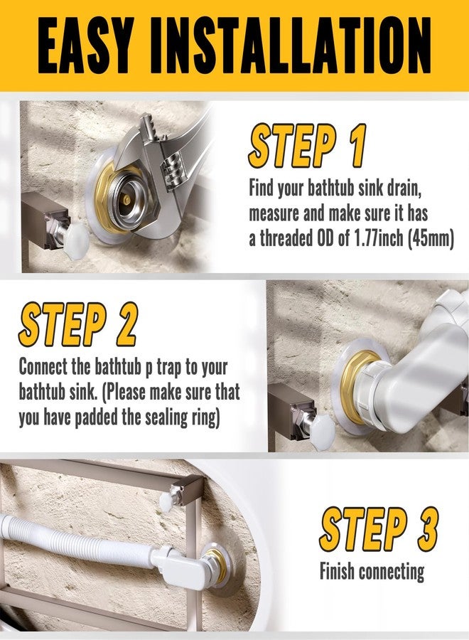 VIVIDA Bathtub Shower Drain Pipe, 1-1/2" Low Profile P Trap Bathtub Fittings, Flexible Flat P Trap Freestanding Tub Drain for Bath and RV, Sealing Tape Included, White, 1 PACK - Image 4