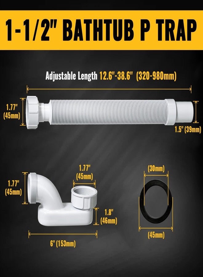 VIVIDA Bathtub Shower Drain Pipe, 1-1/2" Low Profile P Trap Bathtub Fittings, Flexible Flat P Trap Freestanding Tub Drain for Bath and RV, Sealing Tape Included, White, 1 PACK - Image 2