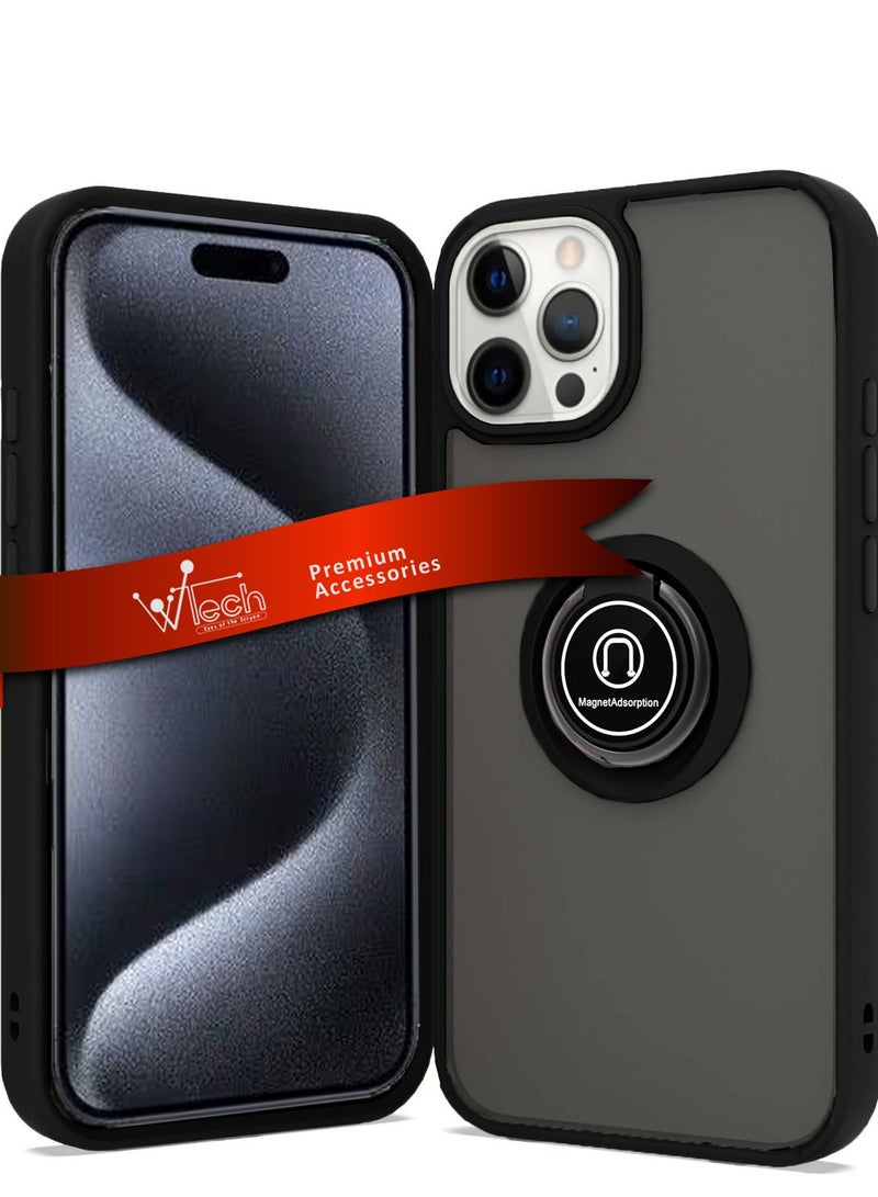 Wtech Apple iPhone 15 Pro Max 2023 Finger Grip Magnetic Hold Kickstand Ring Finger With Built-In Iron Case Cover (MCRHSN) - Black - Image 1