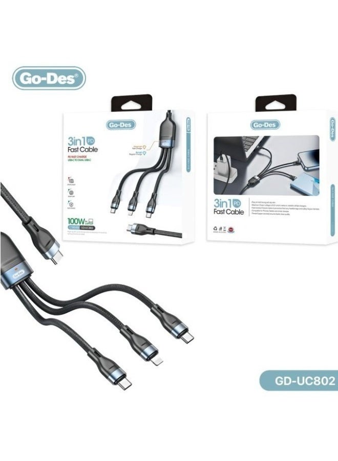 GO-DES 3 in 1 PD Multiport Cable Type-C to 2 Type-C 1 Lightning GD-UC802 - Image 2