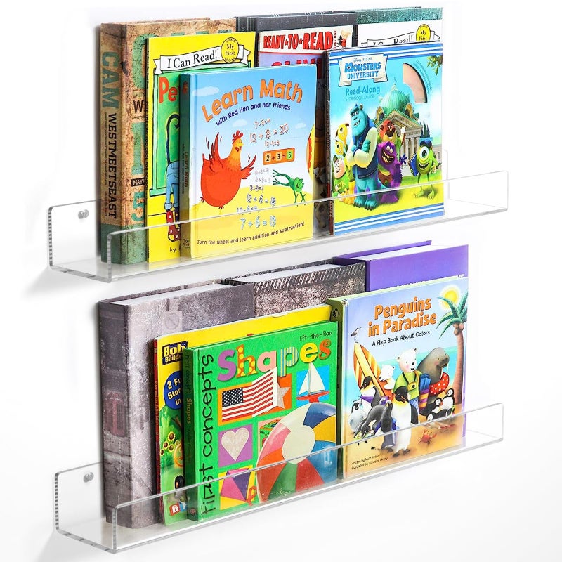 NIUBEE NIUBEE 24Inch Acrylic Kids Floating Bookshelves 2Pack Wall Mounted Clear Shelves for Kids Growing Book Collections in NurseriesBedroomPlayrooms 