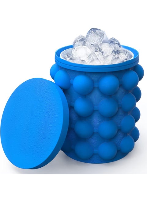 Ice Cube Tray Box, Large Silicone Ice Bucket, (2 in 1), Ice Cube Maker, Round, Portable (Dark Blue)