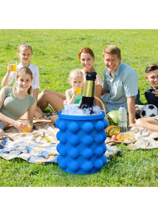 Ice Cube Tray Box, Large Silicone Ice Bucket, (2 in 1), Ice Cube Maker, Round, Portable (Dark Blue)