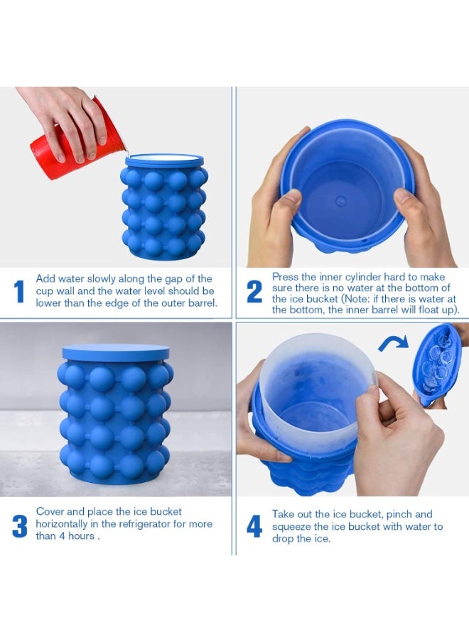 Ice Cube Tray Box, Large Silicone Ice Bucket, (2 in 1), Ice Cube Maker, Round, Portable (Dark Blue)