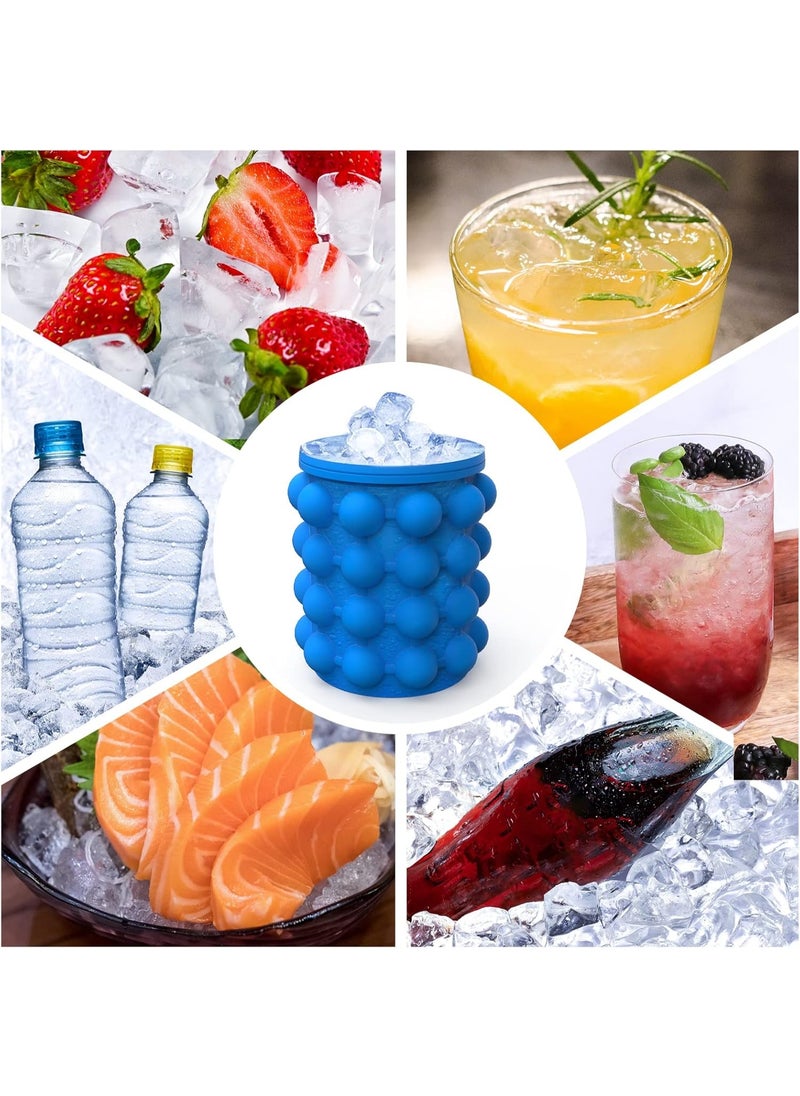 Ice Cube Tray Box, Large Silicone Ice Bucket, (2 in 1), Ice Cube Maker, Round, Portable (Dark Blue)
