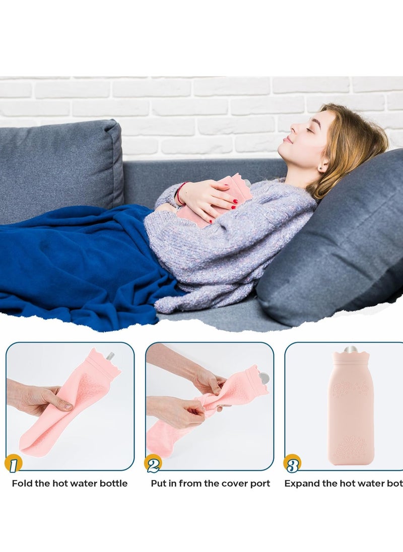 SYOSI Silicone Hot Water Bottle with Cover - 650ml Hot Water Bag for Hot & Cold Therapies, Microwaveable Leakproof Hot Water Bottle for Keeping Hand Feet Warm - Gift for Kids Adults Elderly in Winter(Pink)  - Image 2