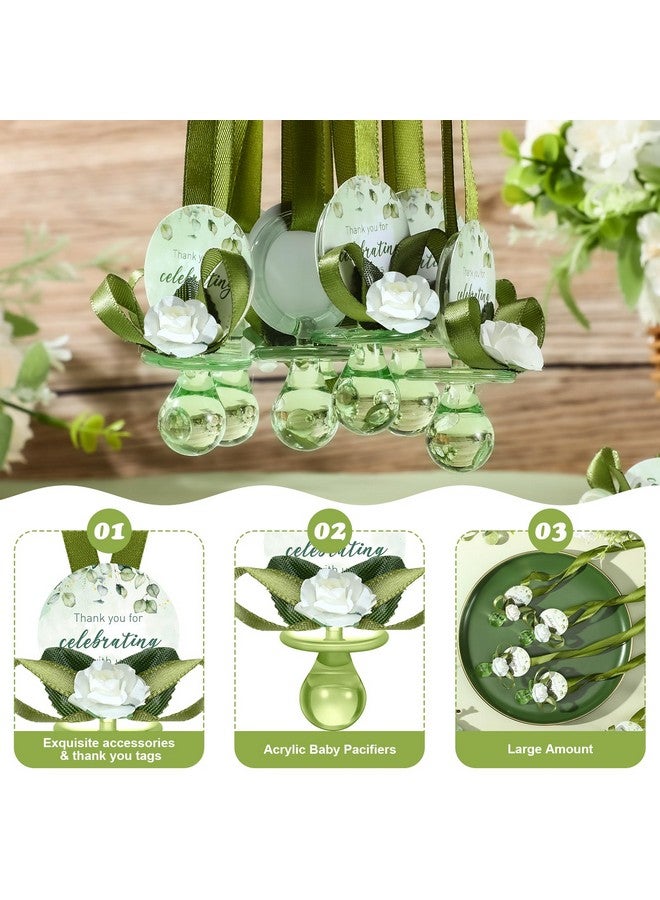 Coume 36 Pcs Sage Green Baby Shower Favors Acrylic Pacifier Necklace Thank You Gift Bulk with Cards for Guests Prizes Baby Shower Games Favors - Image 3