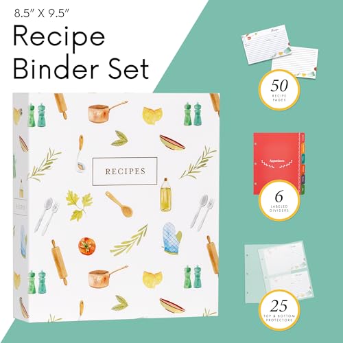 Jot  Mark Jot & Mark 8.5" x 9.5" 3 Ring Recipe Binder with 50 Matching 4x6 inch Recipe Cards, 25 Top & Bottom Binder Sleeve Sheet Protector, 5 Full-Page Undivided Sleeves, 6 Sturdy Divider Tabs, Kitchen Toolkit - Image 4