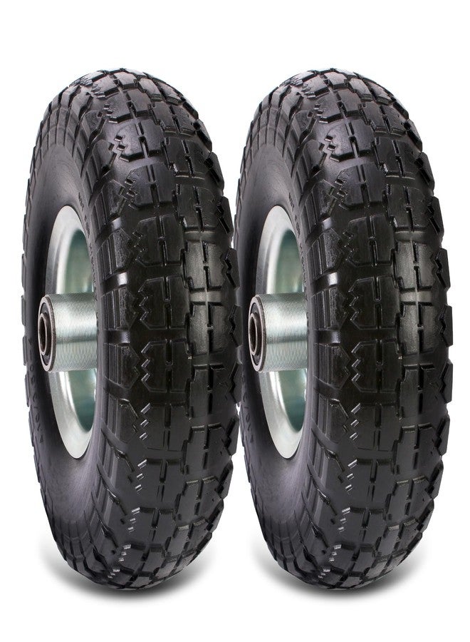 RRQ (2 Pack) 10 Inch Solid Polyurethane Tire 4.10/3.50-4 Tire, 10" Flat Free Wheels with 5/8" Bearings, 2.2" Offset Hub for Garden Cart, Hand Truck, Lawn Cart, Mower - Image 1
