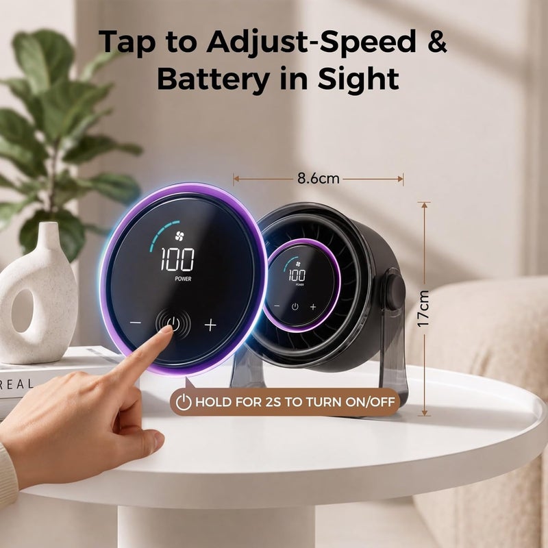 MERTTURM Rechargeable USB Desk Fan for Bedroom, Small Portable Quiet Table Fan with 100 Speeds, 360° Rotation, Wall Mounted Design, LED Display for Bedroom Home Office Travel (Black-Purple) - Image 4