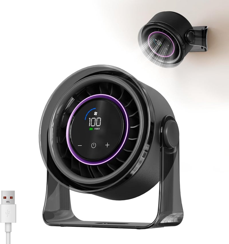 MERTTURM Rechargeable USB Desk Fan for Bedroom, Small Portable Quiet Table Fan with 100 Speeds, 360° Rotation, Wall Mounted Design, LED Display for Bedroom Home Office Travel (Black-Purple) - Image 1