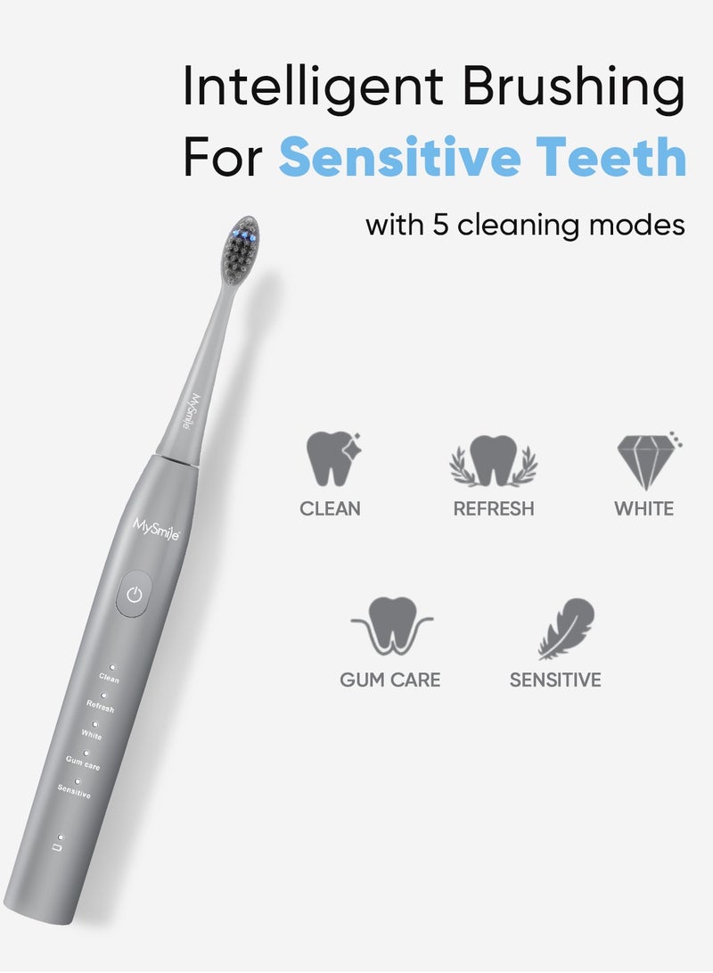 ماي سمايل فرشاة أسنان كهربائية MySmile DY156 للبالغين، فرشاة أسنان صوتية قابلة لإعادة الشحن ومحمولة مع 3 رؤوس فرشاة، مؤقت ذكي بـ 2 دقيقة و 5 أوضاع، 45000 دورة في الدقيقة، شحنة واحدة تكفي لمدة 60 يومًا (رمادي، مقاس متوسط) - Image 3