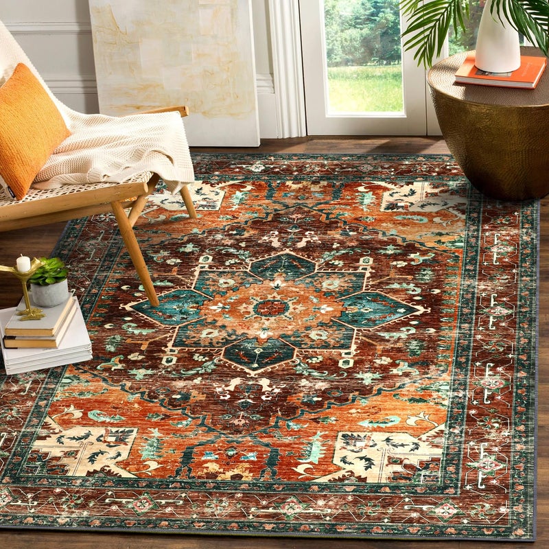 Yamaziot Area Rug 5x7 NonSlip Washable Boho Vintage Living Room Bedroom Rug with Rubber Backing Low Pile Faux Wool Soft Distressed Rug Floor Carpet for Living Room Bedroom