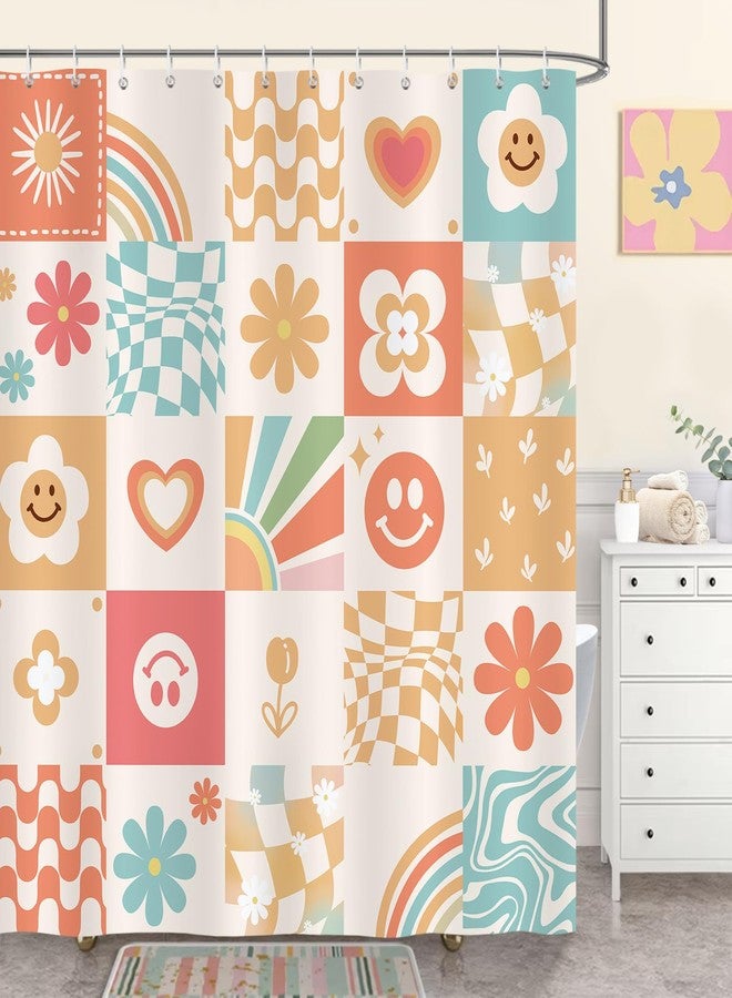 Bonhause Cute Retro Shower Curtain, Colorful Floral Rainbow Checkered Smiley Kids Bathroom Decor 72 x 72 Inch Polyester Fabric Waterproof Bath Curtain with 12 Hooks - Image 1