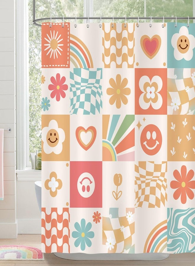Bonhause Cute Retro Shower Curtain, Colorful Floral Rainbow Checkered Smiley Kids Bathroom Decor 72 x 72 Inch Polyester Fabric Waterproof Bath Curtain with 12 Hooks - Image 2