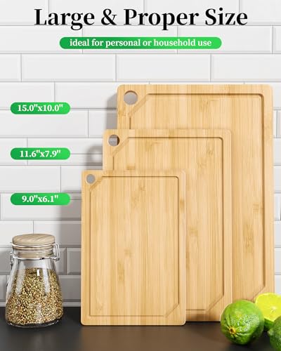 Kitsure Bamboo Cutting Board Set MultiSizes Wooden Cutting Boards for Kitchen Convenient Kitchen Essentials with Deep Juice Grooves Cutting Board for Chopping Serving 3 Pack Natural - Image 3