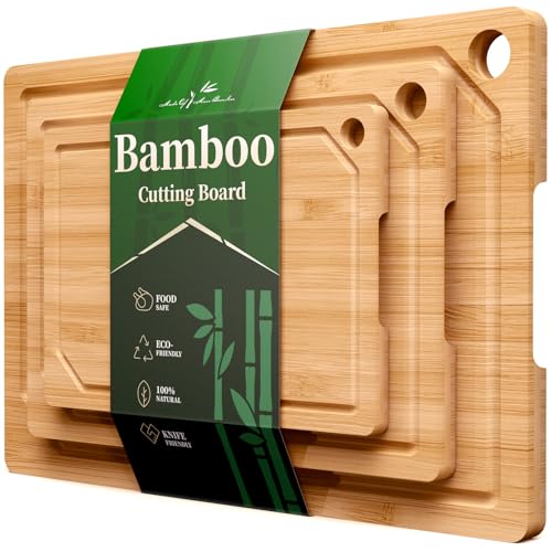 Kitsure Bamboo Cutting Board Set MultiSizes Wooden Cutting Boards for Kitchen Convenient Kitchen Essentials with Deep Juice Grooves Cutting Board for Chopping Serving 3 Pack Natural - Image 1