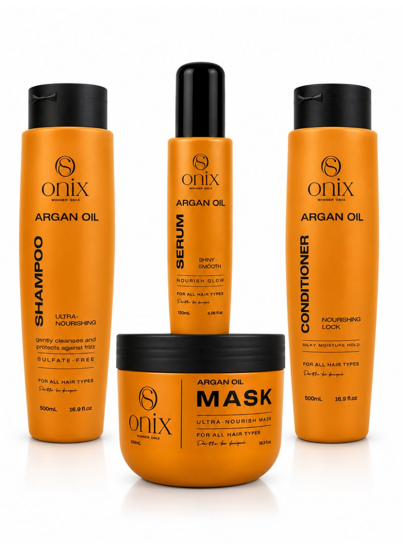 ONIX Gold Argan Hair Care Set of 4 | Shampoo 500 ml + Conditioner 500 ml + Hair Mask 500 ml + Hair Serum 125 ml | Complete Nourishing Hair Care Routine