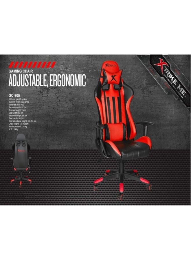 XTRIKE ME Gaming Chair Adjustable Computer Chair PC Office PU Leather High Back Lumbar Support comfortable armrest Headrest red and black On Wheels - GC-905 BK - Image 4