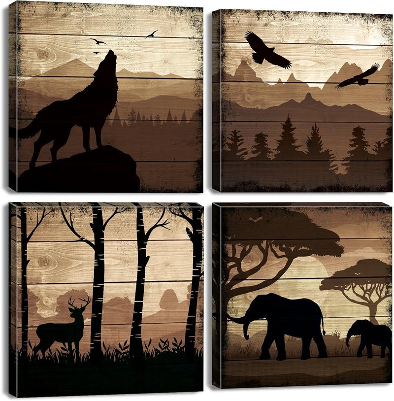 YOOOAHU Rustic Wolf Eagle Deer Elephant Wall Art Bedroom Living Room Decor Cabin Wildlife Pictures with Mountain Background Canvas Artwork Forest Animal Painting Woodland Nursery Home Decorations 12x12” 4 Pcs - Image 1