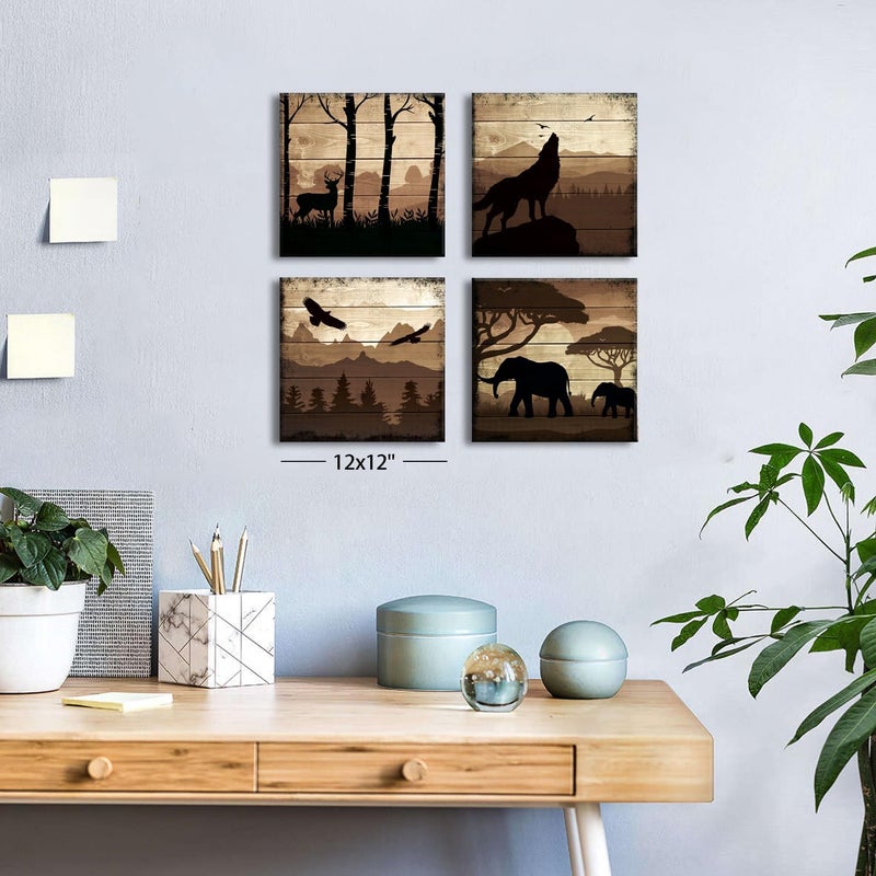 YOOOAHU Rustic Wolf Eagle Deer Elephant Wall Art Bedroom Living Room Decor Cabin Wildlife Pictures with Mountain Background Canvas Artwork Forest Animal Painting Woodland Nursery Home Decorations 12x12” 4 Pcs - Image 4
