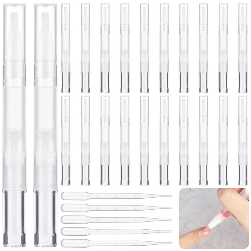 Set Of 20 Transparent 3 Ml Twist Cuticle Oil Pens With 5 Extra Droppers, Lip Gloss And Eyelash Serum Containers With Brush Tips, - Image 1