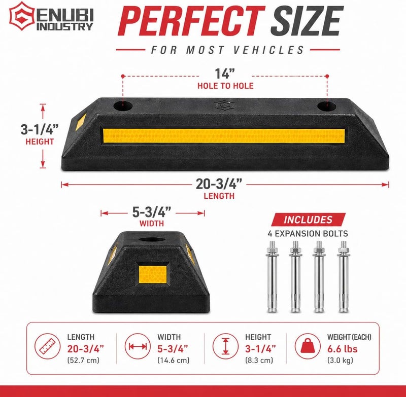 Genubi Industry حاجز مطاطي، أسود ثقيل للوقوف، هدف وقوف مع خطوط عاكسة صفراء، موانع عجلات للسيارات والشاحنات والمركبات الترفيهية والمقطورات والجراجات، عبوة من قطعتين، درجة احترافية - Image 2