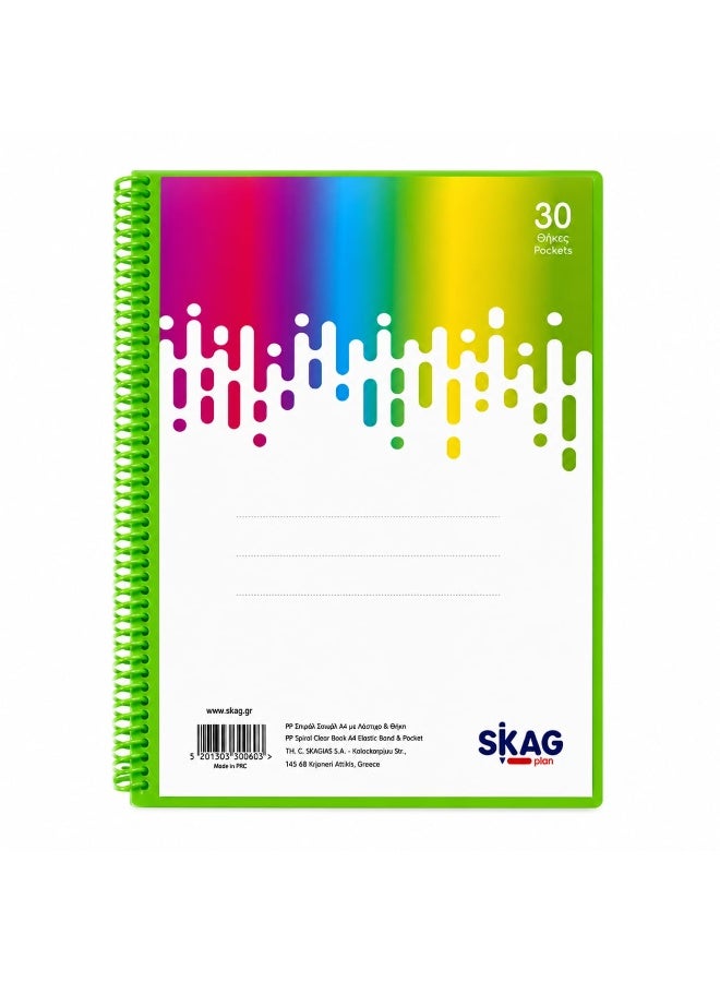 سكاج دفتر تخطيط SKAG PLAN A4 حلزوني شفاف مع شريط مطاطي - 30 جيبًا، مجلد عرض نيون - Image 1