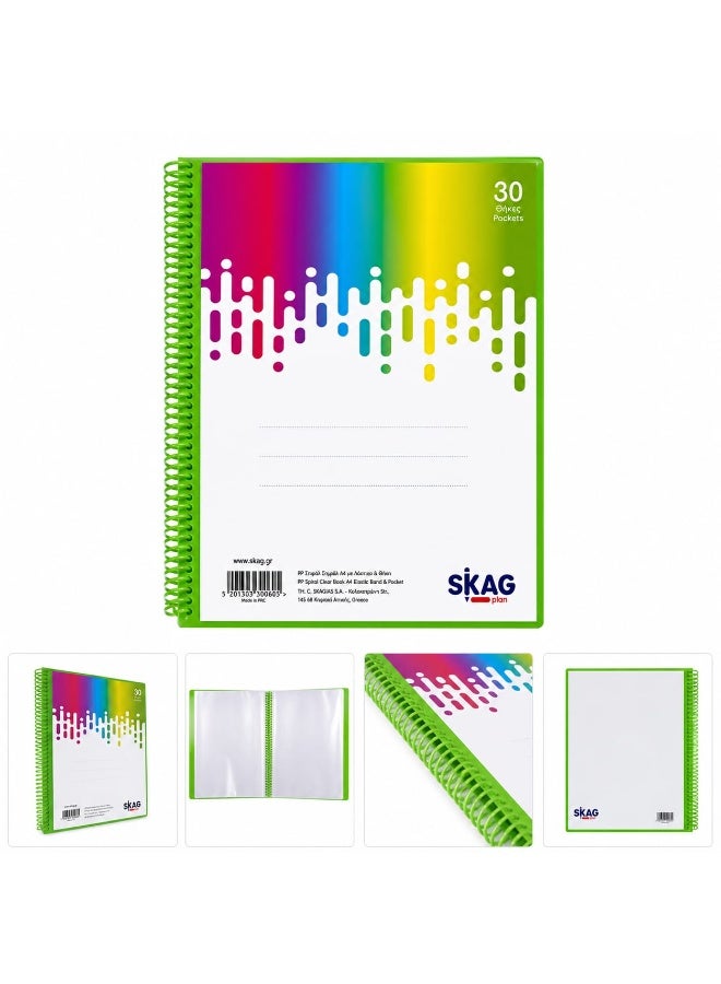 سكاج دفتر تخطيط SKAG PLAN A4 حلزوني شفاف مع شريط مطاطي - 30 جيبًا، مجلد عرض نيون - Image 2