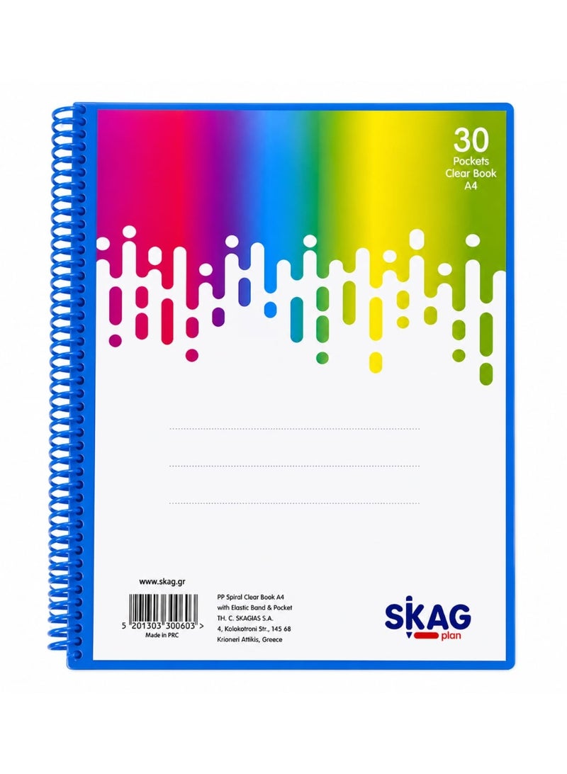 سكاج دفتر تخطيط SKAG PLAN A4 حلزوني شفاف مع شريط مطاطي - 30 جيبًا، مجلد عرض نيون - Image 3