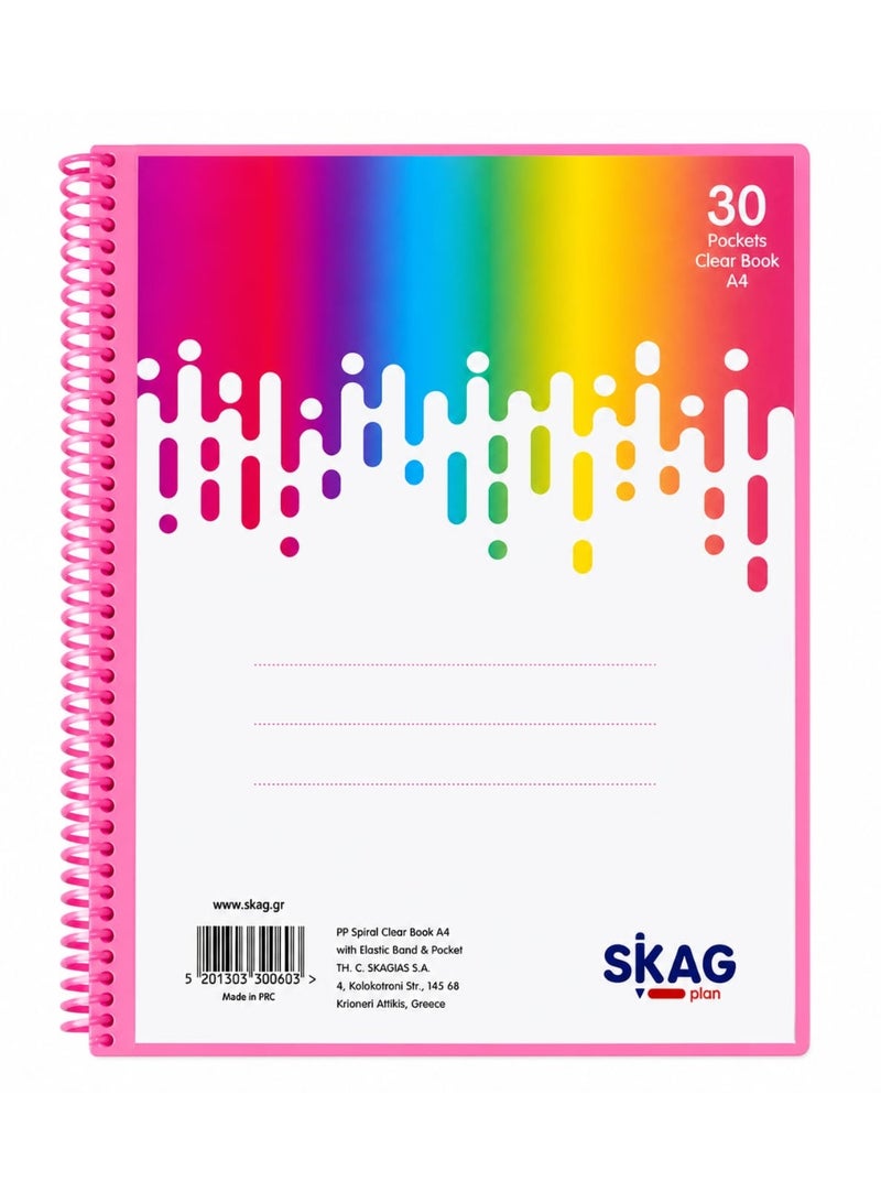 سكاج دفتر تخطيط SKAG PLAN A4 حلزوني شفاف مع شريط مطاطي - 30 جيبًا، مجلد عرض نيون - Image 5