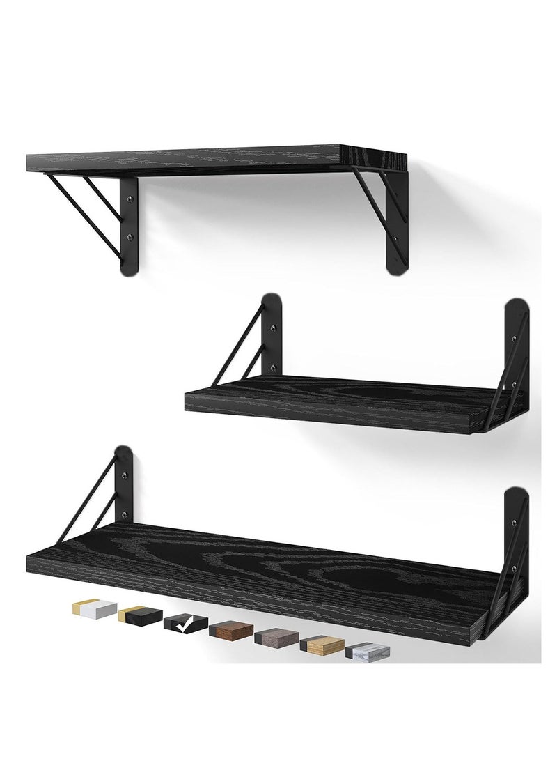MIXDE Wall Shelves for Bedroom Decor, Light Carbonized Wall Shelves Different Sizes, Wall Mounted Wood Shelf for Books,Plants,Small Wall Shelf for Bathroom,Kitchen,Living Room (Black-3 Pcs) - Image 1