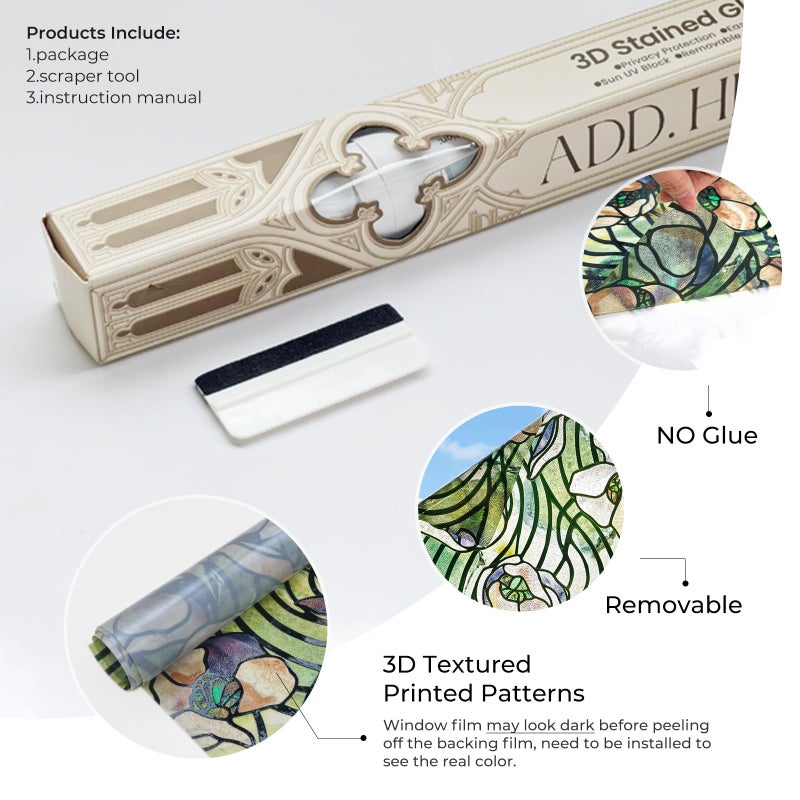 ADD.HERES 3D Stained Glass Window Film, Decorative Window Privacy Film for Bathroom,Front Door,Home, Sun Blocking Heat Control,Static Cling,23.6inch x 35.4inch Dancing Plant - Image 5