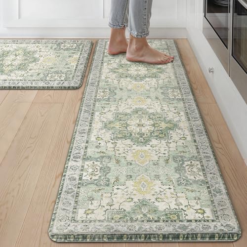 GENIMO Kitchen Mats for Floor 2PCs, Washable Anti Fatigue Mat for Cushioned, 17.3"x59"+17.3"x30", Waterproof Kitchen Rugs, Non Slip Comfort Standing Mat Rug for Home, Sink, Laundry, Light Green - Image 1