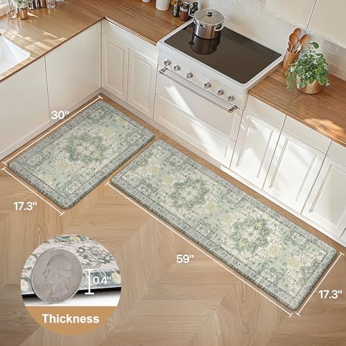 GENIMO Kitchen Mats for Floor 2PCs, Washable Anti Fatigue Mat for Cushioned, 17.3"x59"+17.3"x30", Waterproof Kitchen Rugs, Non Slip Comfort Standing Mat Rug for Home, Sink, Laundry, Light Green - Image 2