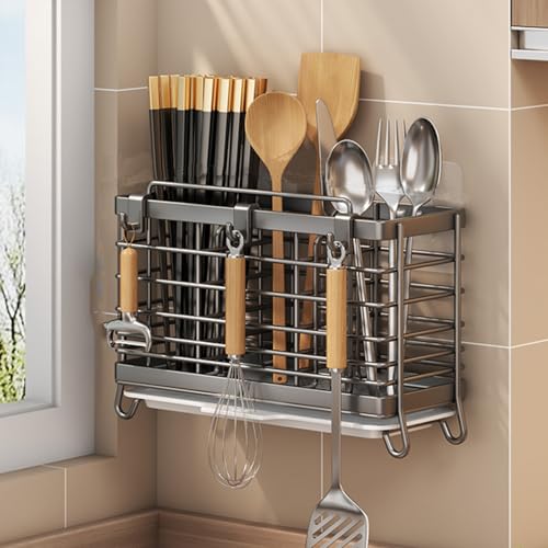 RAKSONIC Utensil Holder,Dish Drainer for Kitchen Counter, 3 Compartments Stainless Steel Utensil Drying Rack, Kitchen Utensils Holder with Towel Bar,Own Drain Tray(Gray) - Image 1