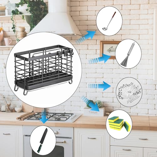RAKSONIC Utensil Holder,Dish Drainer for Kitchen Counter, 3 Compartments Stainless Steel Utensil Drying Rack, Kitchen Utensils Holder with Towel Bar,Own Drain Tray(Gray) - Image 2