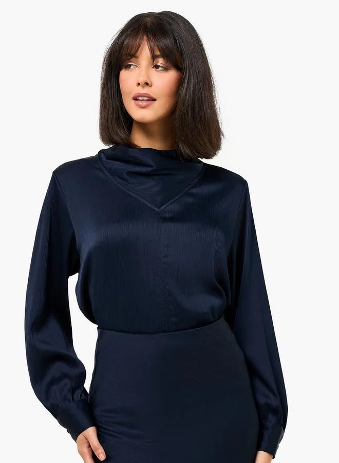 ايكونيك Iconic Satin Cowl Neck Top with Long Sleeves