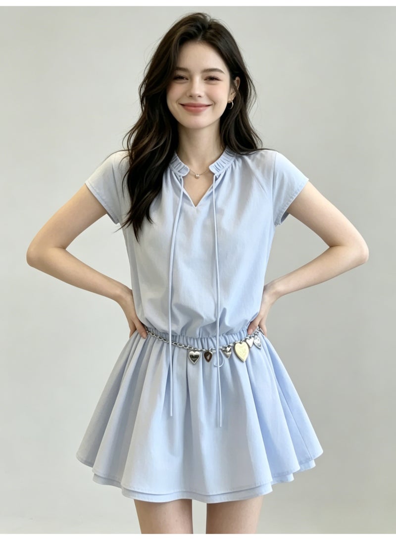زارا ZARA Women’s Light Blue Drawstring Neck Short Sleeve Elastic Waist Mini Dress with Heart Chain Belt - Image 5