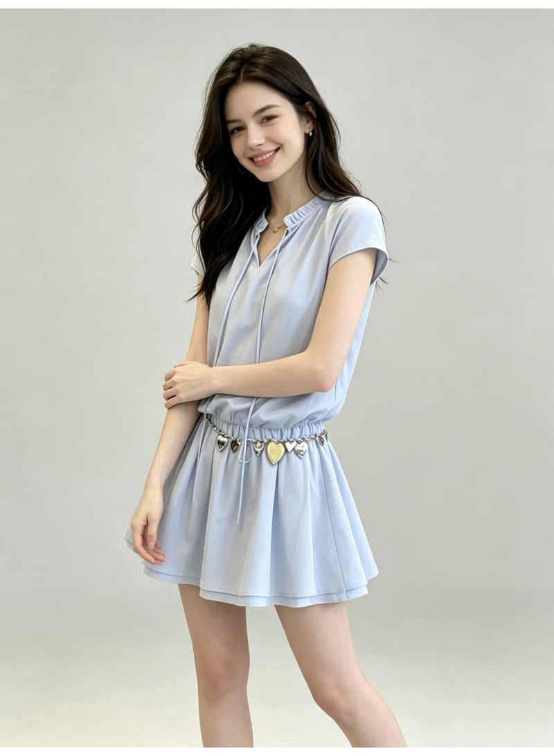 زارا ZARA Women’s Light Blue Drawstring Neck Short Sleeve Elastic Waist Mini Dress with Heart Chain Belt - Image 2