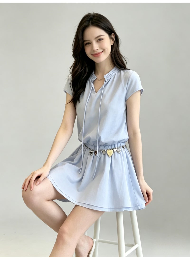 زارا ZARA Women’s Light Blue Drawstring Neck Short Sleeve Elastic Waist Mini Dress with Heart Chain Belt - Image 4