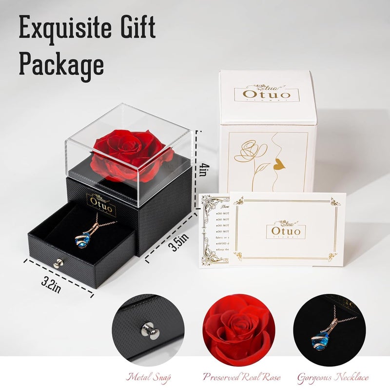 Otuo Otuo Preserved Roses Gift Jewerlry Box Real Eternal Rose Flower with Necklace Gifts for Girlfriend Mom Women Wife Birthday and Mothers Day Red  - Image 4