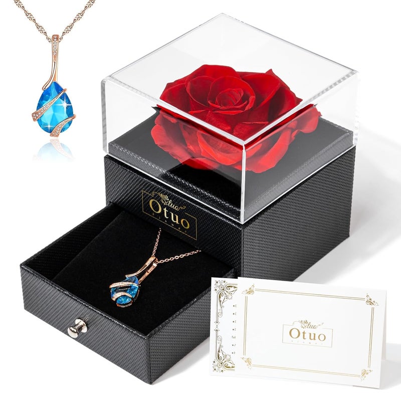 Otuo Otuo Preserved Roses Gift Jewerlry Box Real Eternal Rose Flower with Necklace Gifts for Girlfriend Mom Women Wife Birthday and Mothers Day Red  - Image 1