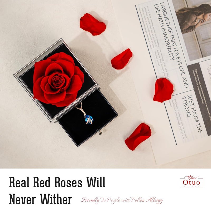 Otuo Otuo Preserved Roses Gift Jewerlry Box Real Eternal Rose Flower with Necklace Gifts for Girlfriend Mom Women Wife Birthday and Mothers Day Red  - Image 5