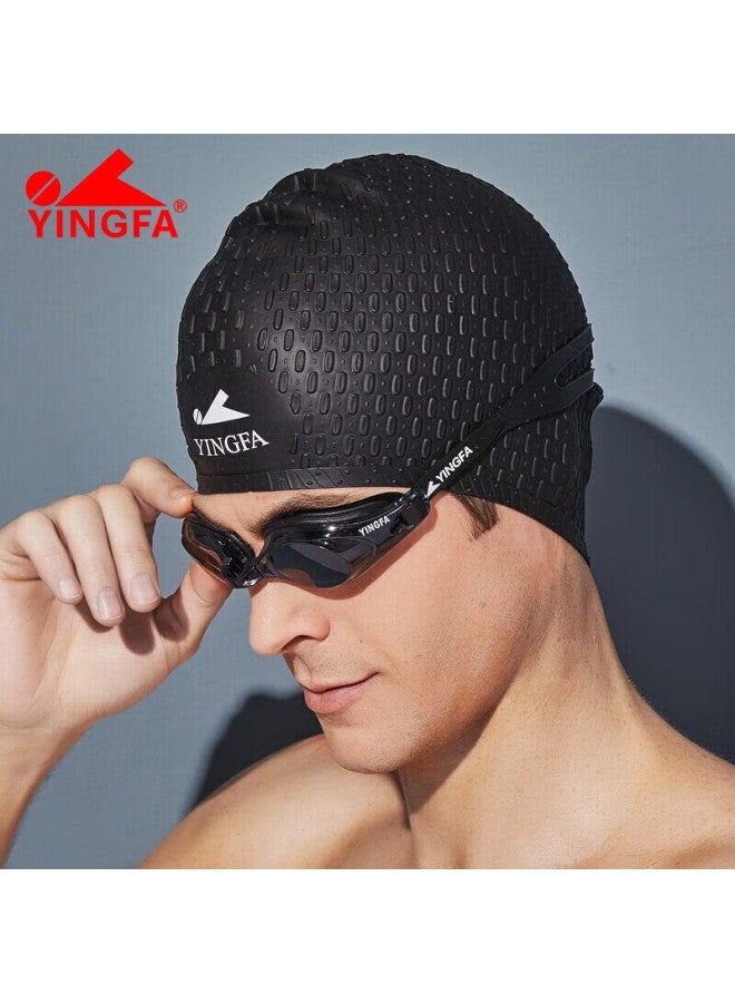 Yingfa Swimming Goggles, Anti-fog, Waterproof, High-definition, Large Frame, Non-binding, For Men And Women, Long Hair, Silicone Swim Cap, Swimming Goggles Set, Black - Image 1