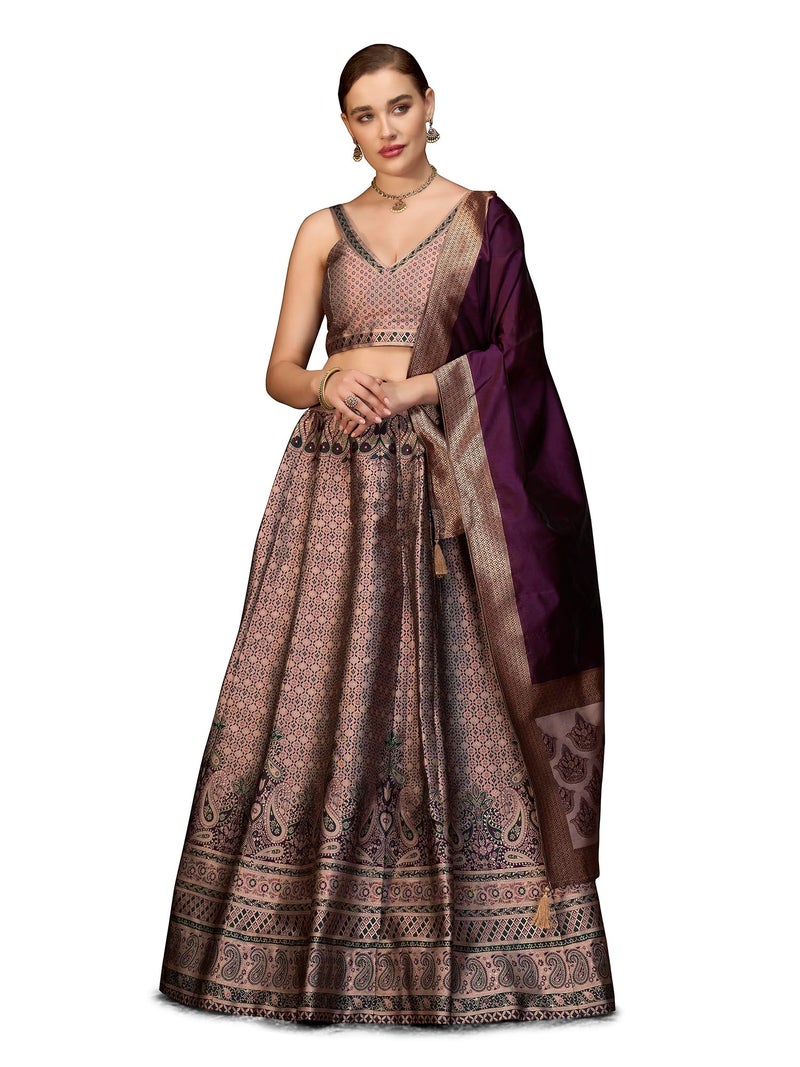 PURVAJA Women's Kanjiwaram Semi-Stitched Lehenga choli (Saaya-Rose_Free Size) - Image 1