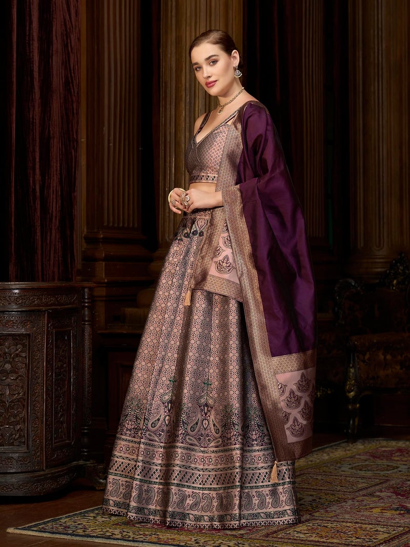 PURVAJA Women's Kanjiwaram Semi-Stitched Lehenga choli (Saaya-Rose_Free Size) - Image 2