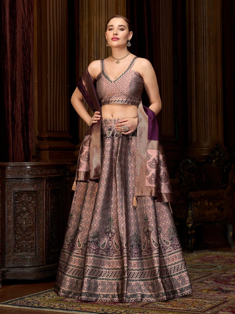 PURVAJA Women's Kanjiwaram Semi-Stitched Lehenga choli (Saaya-Rose_Free Size) - Image 4