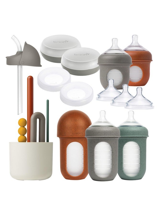 BOON مجموعة هدايا زجاجة الرضاعة بون نورش - أساسيات تغذية الأطفال للأمهات الجدد - تشمل زجاجات رضاعة سعة 4 أونصات و 8 أونصات، أغطية تخزين، حلمات تدفق سريع، أكياس تخزين، غطاء قشة، ومجموعة فرشاة زجاجة الأطفال مود. - Image 1