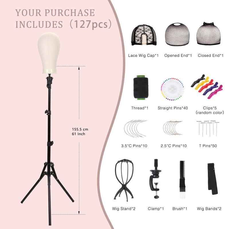 Demides 22'' Canvas Wig Head with 61'' Adjustable Tripod Stand, Mannequin Head Set for Styling, Display â€“ Includes Caps, Elastic Bands, Stand & Tool Kit for Beginners and Professionals - Image 2